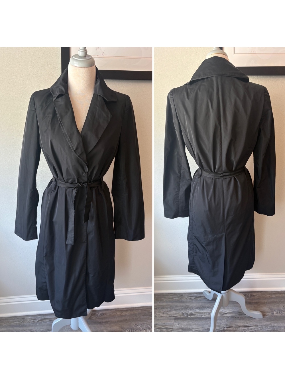 Poleci Black Asymmetrical Collar Belted Trench Coat Jacket Size Small